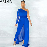 Bodycon Jumpsuit solid color sexy mesh see through one shoulder diagonal collar long sleeve trousers jumpsuit