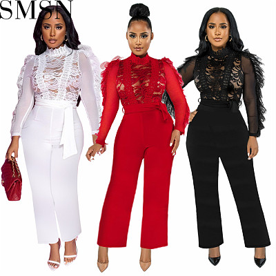 Bodycon Jumpsuit Amazon hot sale autumn and winter eyelash lace trousers sexy see through jumpsuit