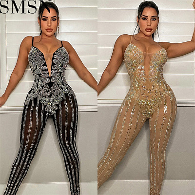 Bodycon Jumpsuit Amazon Fashion nightclub mesh rhinestone see through sling jumpsuit