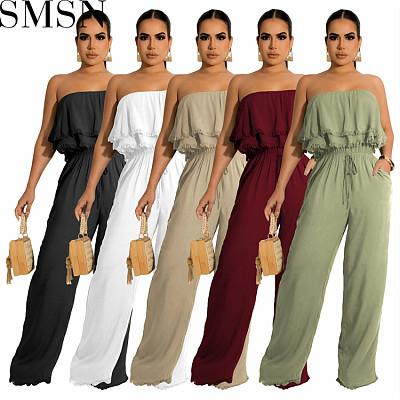 Bodycon Jumpsuit solid color sleeveless casual wrapped chest ruffled jumpsuit