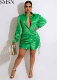 Casual Dresses Fashion Pleated Satin Dress Women Summer Autumn Long Sleeve Buttton Drawstring Party Dress