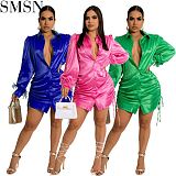 Casual Dresses Fashion Pleated Satin Dress Women Summer Autumn Long Sleeve Buttton Drawstring Party Dress