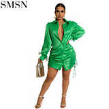 Casual Dresses Fashion Pleated Satin Dress Women Summer Autumn Long Sleeve Buttton Drawstring Party Dress