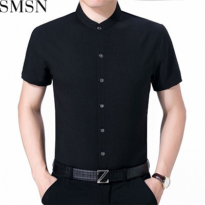 Middle aged men stand collar short sleeve shirt loose solid color shirt men Chinese style