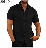 2022 Amazon ebay hot sale summer lapels solid color short sleeve button men linen shirts