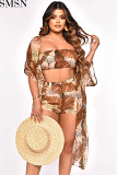 3 Piece Set Women Amazon new tube top shorts printed fashion chiffon outerwear shirt swimsuit three piece set