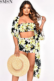 3 Piece Set Women Amazon new tube top shorts printed fashion chiffon outerwear shirt swimsuit three piece set