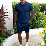 Summer men solid color polo collar short sleeved shorts suit sports and leisure suit