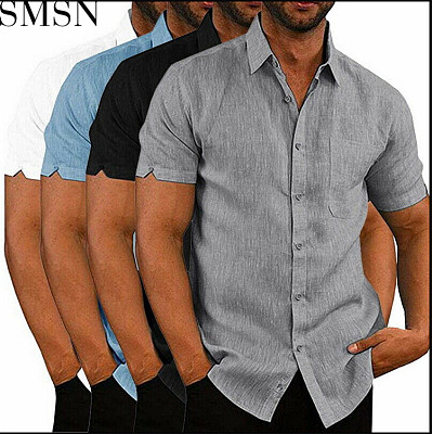 2022 Amazon ebay hot sale summer lapels solid color short sleeve button men linen shirts