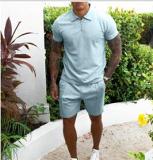 Summer men solid color polo collar short sleeved shorts suit sports and leisure suit