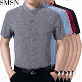 Middle aged men stand collar short sleeve shirt loose solid color shirt men Chinese style