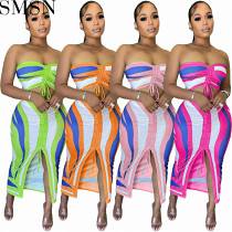 2 Piece Set Women 2022 new personalized printed tube top strap two piece skirt suit