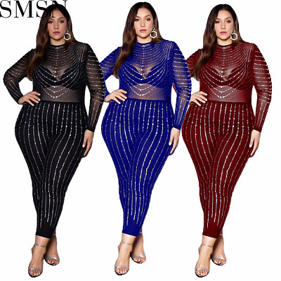 Bodycon Jumpsuit high elastic see through sexy long sleeve mesh rhinestone jumpsuit for women