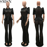 Two piece outfits See through cut out wide leg trousers high elastic lace short sleeved trouser suit
