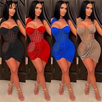 Casual Dress pure color mesh see through wrapped chest pleated irregular skirt dress for women