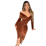 Casual Dress autumn and winter V neck off shoulder velvet pleating sexy mid length dress