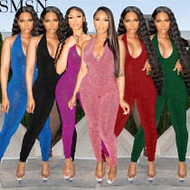 Bodycon Jumpsuit fashion women wear solid color mesh sleeveless halter backless 6 color jumpsuit