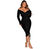 Casual Dress autumn and winter V neck off shoulder velvet pleating sexy mid length dress