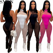 Women Jumpsuits And Rompers pure color mesh stitching sexy see through slim fit jumpsuit
