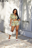 2 Piece Set Women 2022 summer European and American printed multi color shirt shorts casual suit