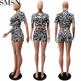2 Piece Set Women 2022 summer European and American printed multi color shirt shorts casual suit