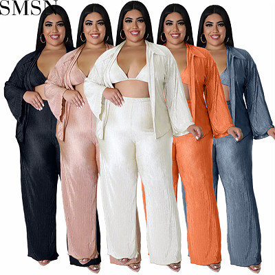 3 Piece Set Women fashion plus size solid color pleated wide legged pants 3 piece set
