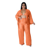 3 Piece Set Women fashion plus size solid color pleated wide legged pants 3 piece set