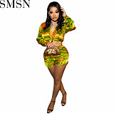 2 Piece Set Women 2022 summer tied long sleeves top sexy hot pants two piece set