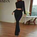2 Piece Set Women 2022 Amazon autumn new fashion casual suit short top slim fit slim flare pants