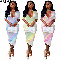 Casual Dress digital stripes contrast color positioning printing skinny V neck button sexy dress