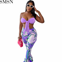 Two Piece Set Women Clothing Europe and America sexy lace up chest wrap printed two piece suit