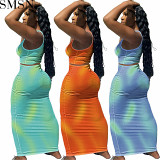 2 Piece Set Women Amazon hot sale new tie dye sexy U neck vest mid length dress set