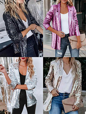 Europe and America cross border 2021 spring fashionable sequins lapel casual suit jacket women