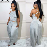 Two piece outfits European and American women clothing wide leg pants two piece set fold sleeveless loose