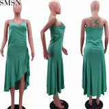 Plus Size Dress Amazon summer new suspender sleeveless solid color slit ruffled dress