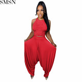 Two piece outfits European and American women clothing wide leg pants two piece set fold sleeveless loose