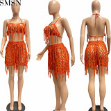 Two Piece Set Women Clothing sexy see through knitted hand crochet tassel beach shorts suit