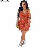 Two Piece Set Women Clothing sexy see through knitted hand crochet tassel beach shorts suit