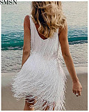 Casual dress Amazon new style white dress strap deep V tassel temperamental sexy formal dress