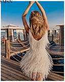 Casual dress Amazon new style white dress strap deep V tassel temperamental sexy formal dress