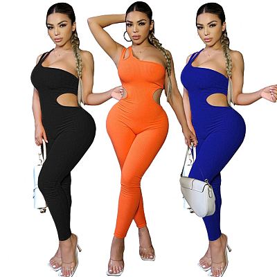 Women Jumpsuits And Rompers New One-Shoulder Hollow-Out Thread Fitted Hip Lifting Sexy One Piece Jumpsuit