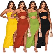 Fashion Women Dress Knitted Rib Thread Hollow-Out One-Shoulder Slit Long Plus Size Casual Dress