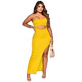 Fashion Women Dress Knitted Rib Thread Hollow-Out One-Shoulder Slit Long Plus Size Casual Dress