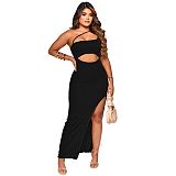 Fashion Women Dress Knitted Rib Thread Hollow-Out One-Shoulder Slit Long Plus Size Casual Dress