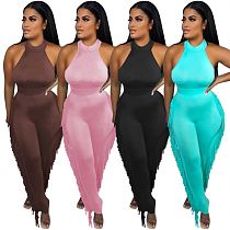 Women's skinny sets solid color tassel ladies suit women two piece pants set