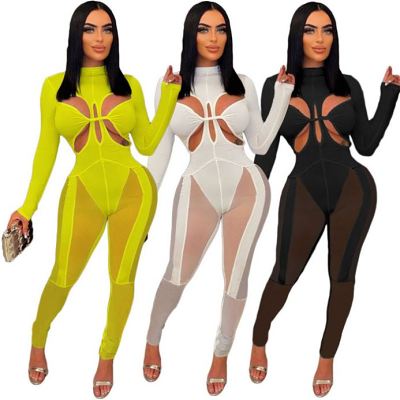 Fashion women hollow out mesh bodycon jumpsuit sexy jumpsuit for women club wear