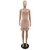 2022 new arrivals solid color sleeveless bodycon dress casual mini dress with feather