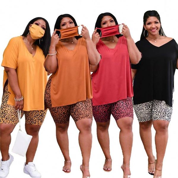 New arrivals leopard causal 2 piece shorts women set plus size ladies clothes