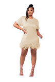 2022 new arrivals short sleeve women short dress casual mini dress with feather