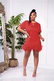 2022 new arrivals short sleeve women short dress casual mini dress with feather